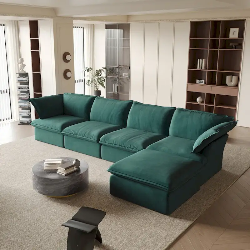 Modular Sectional Sofa Couch, 162.98 Velvet L-Shape Sofa with Ottoman