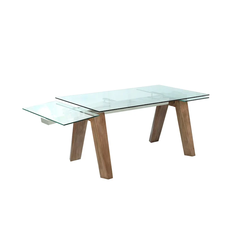 Somette Modern Dining Table with Extendable Glass Top & Solid Wood Legs