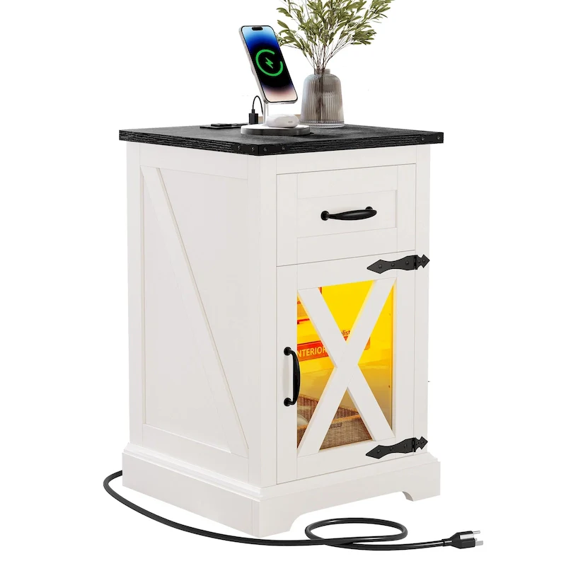 Moasis LED End Table with Shelf and Drawer, Side Table with Charging Station Power Outlet