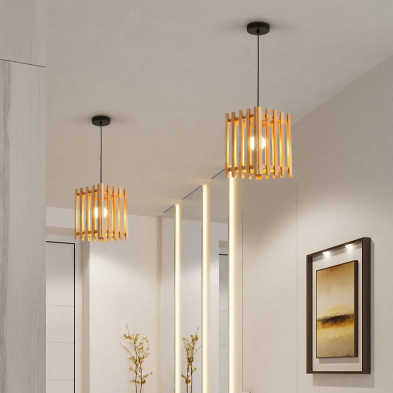 Adjustable Height Rustic Cylinder Wooden Pendant Light