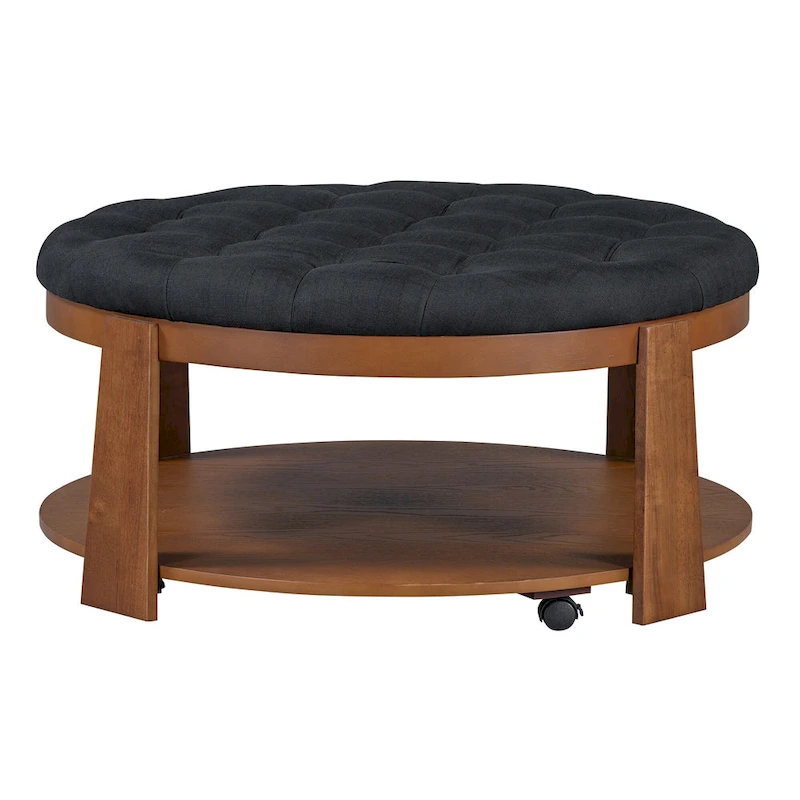 36  Round Button Tufted Upholstered Coffee Table with Wood Shelf and Wheel