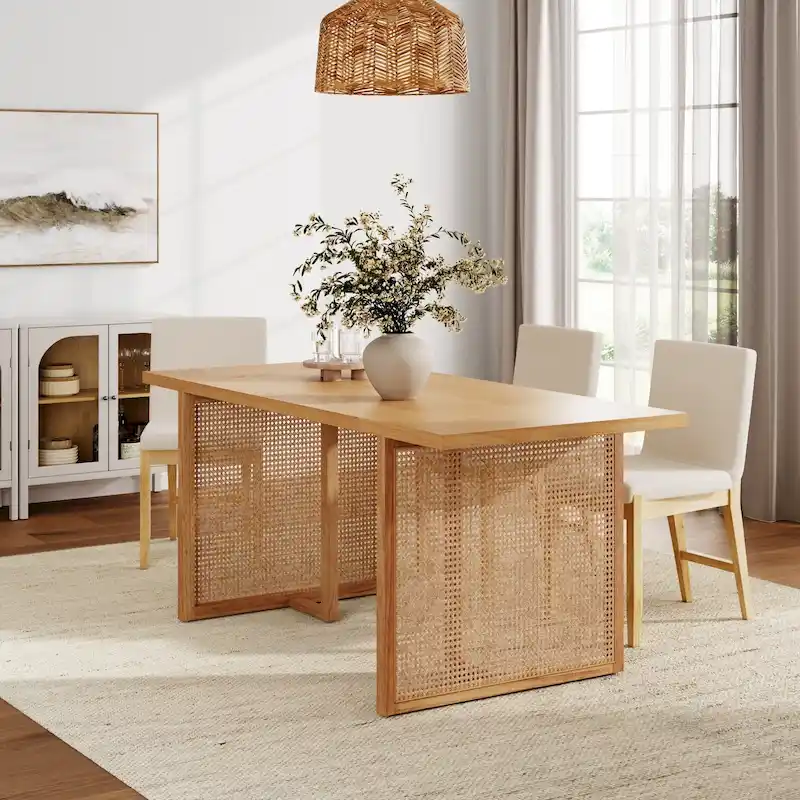 Willow Boho Dining Table for 6 with Solid Wood Legs, Dining Table with Bohemian Rattan Accent