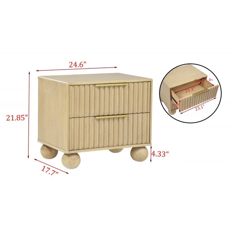 Modern Minimalist Bedroom 2 Drawer Nightstand with Fluted Panels and Rounded Legs