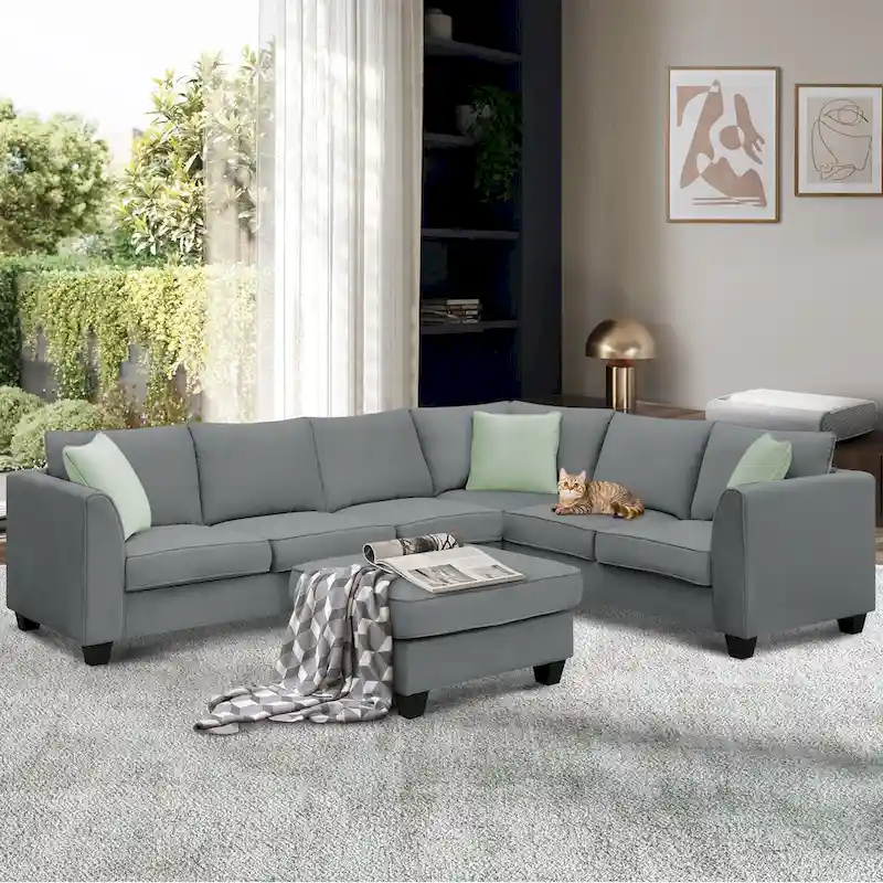 112*87 Sectional Sofa Couches Living Room Sets 7 Seats Modular Sectional Sofa with 3 Pillows, Grey