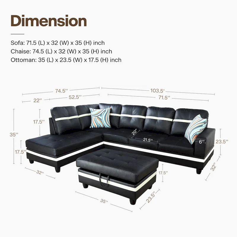 L-Shape Semi PU Leather Living Room Sofa Set with Ottoman,3-Piece