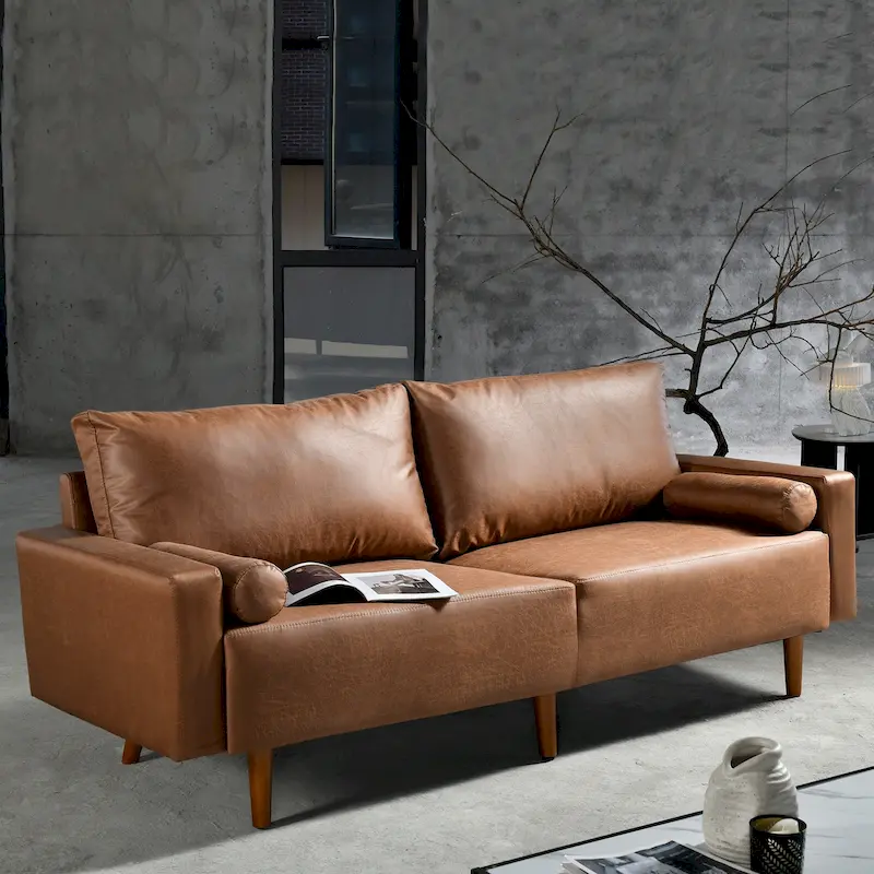 HOOOWOOO Mid-Century Modern Upholstered Sofa Couch with Rolled Pillows