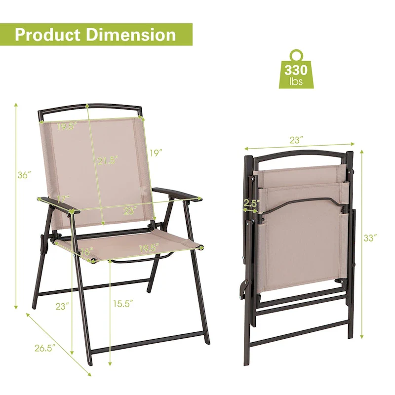 2 pcs Patio Folding Sling Dining Chairs Armrests Steel Frame