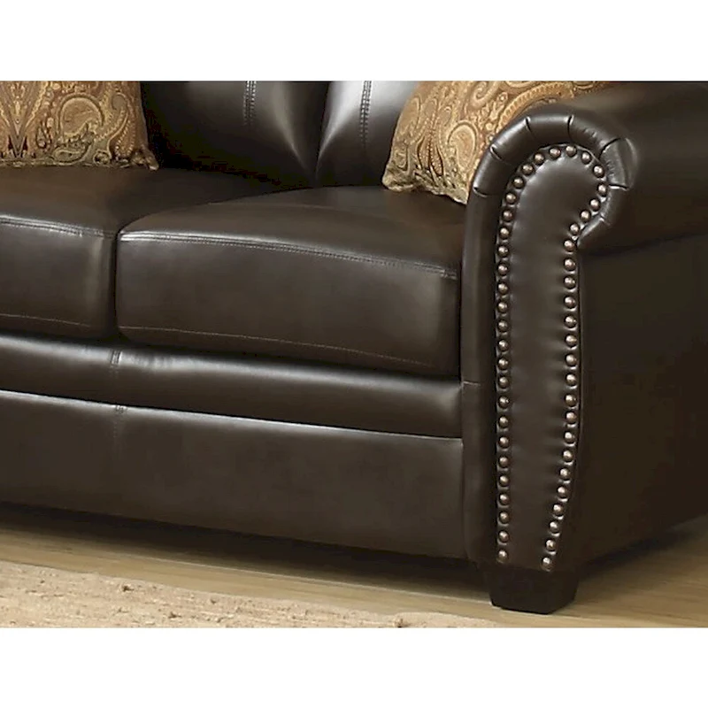 Louis Traditional Brown Italian Leather Stationary Loveseat - N/A