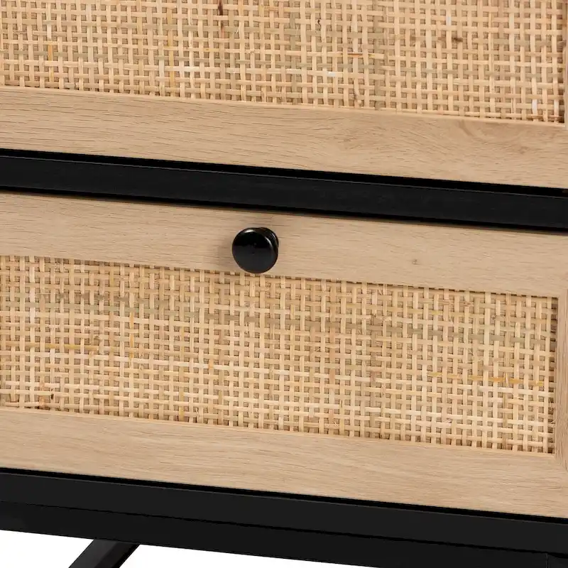 Baxton Studio Declan Mid-Century Modern Espresso Brown Finished Wood and Natural Rattan 2-Drawer End Table