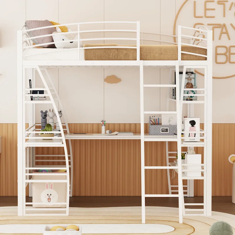 Full Size Loft Bed with 4 Layers of Shelves and L-shaped Desk, Stylish Metal Frame Bed USB Ports and Wireless Charging, White