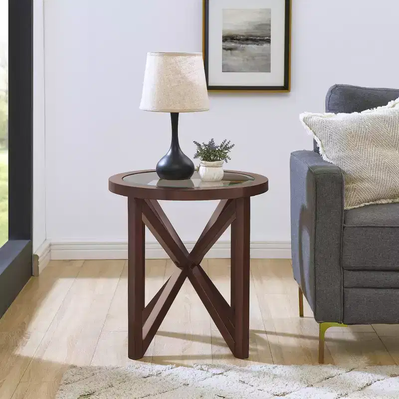 Round/Oval Coffee Table Glass End Table Cocktail Table Sofa Table Side Table Center Table, Black/Cherry-ModernLuxe