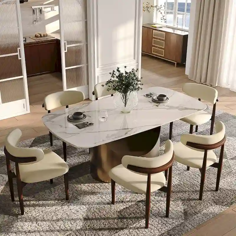 Modern Dining Table with Rectangular Sintered Stone Tabletop, Carbon Steel Leg, Minimalist Kitchen Dining Room Table