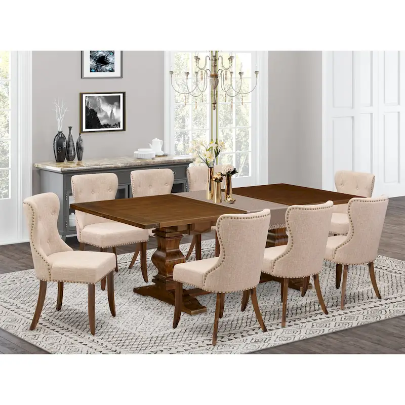 East West Furniture Dining Table Set- a Rectangle Dinner Table and Light Tan Linen Fabric Chairs, (Pieces Option)