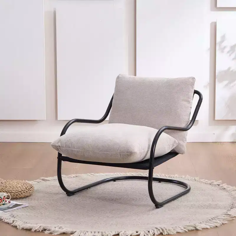 FERPIT Modern Curved Accent Chair with Faux Linen Upholstery, Comfy Lounge Chair with Metal Frame & Cushions