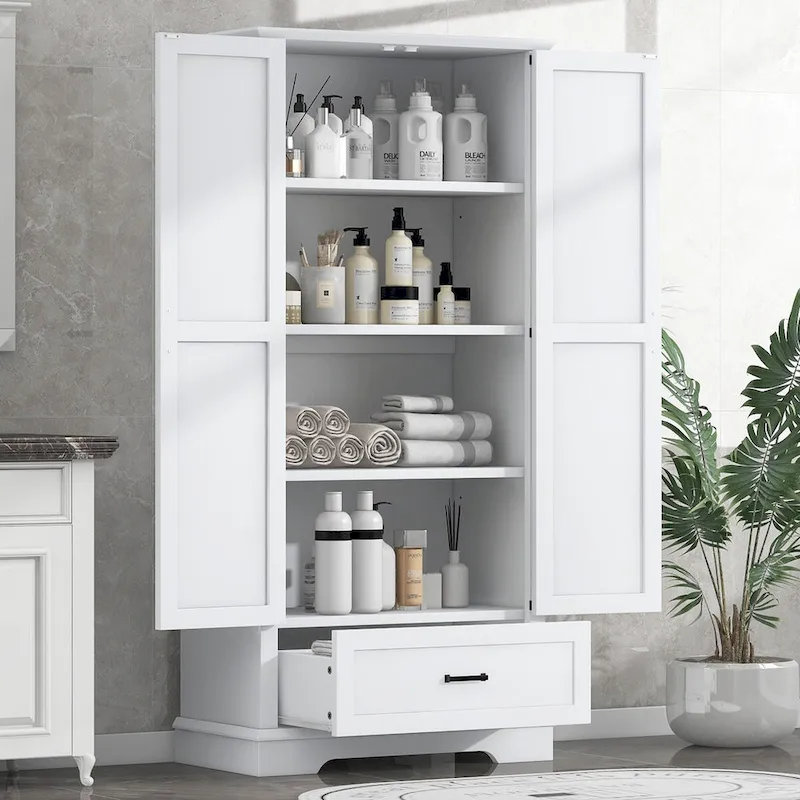Tall Bathroom Storage Cabinet, Cabinet with Two Doors and One Drawer, Adjustable Shelf, MDF Board, White