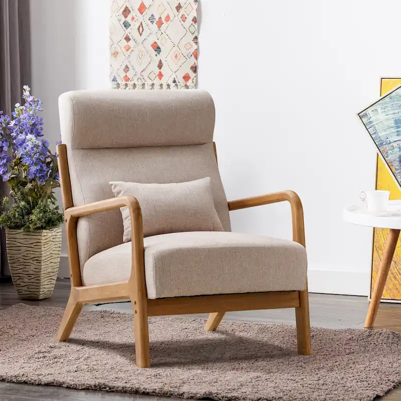 Upholstered Linen Blend Accent Chair with Wooden Legs and One Pillow