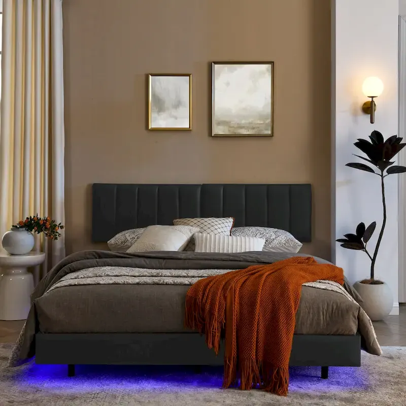Floating Bed Frame With Led Lights And Wall Mounted Headboard