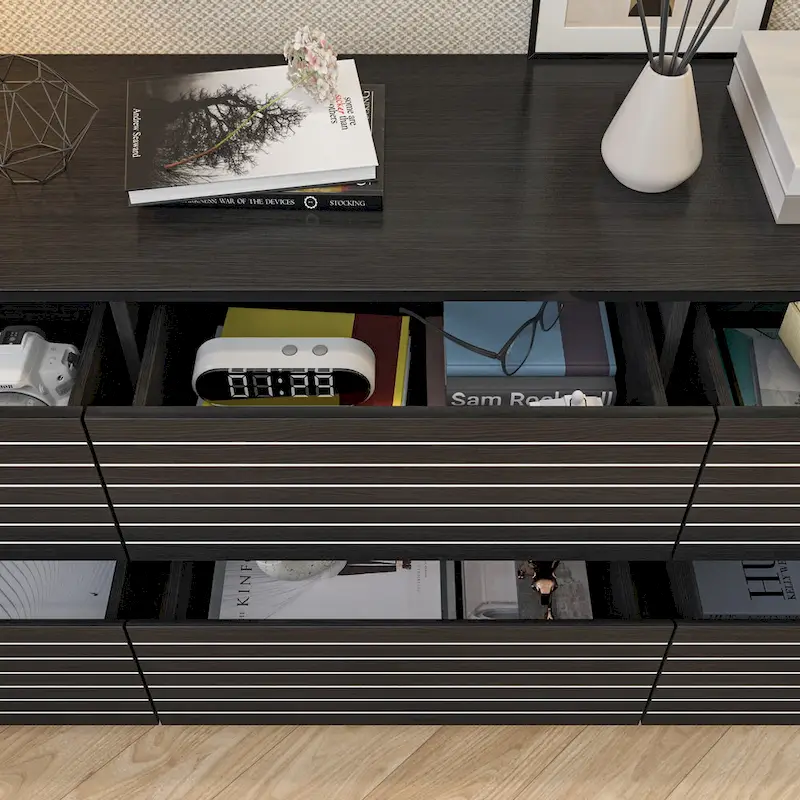 Low Profile Dresser/TV Stand - Black & White, 6 Drawers, 63W x 19.7H, Multi-Functional