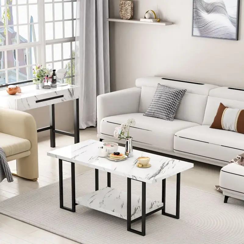 Mieres 39  Wide 2-Tier Faux Marble Top Coffee Table with Steel Frame