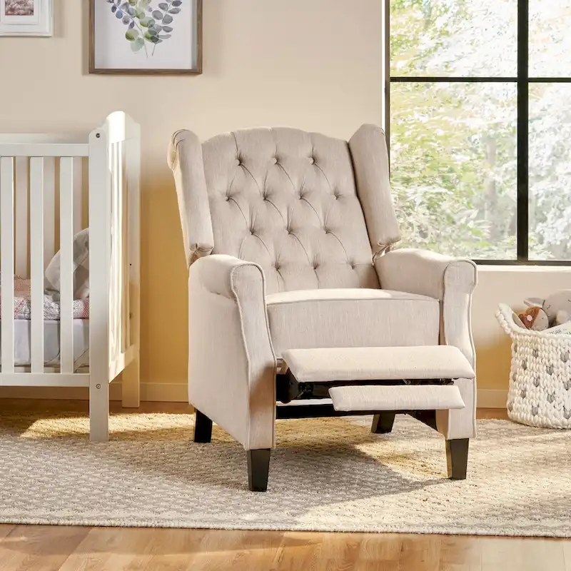 Modern Wingback Push-Back Recliner with Footrest, Button-tufted, Birch Legs