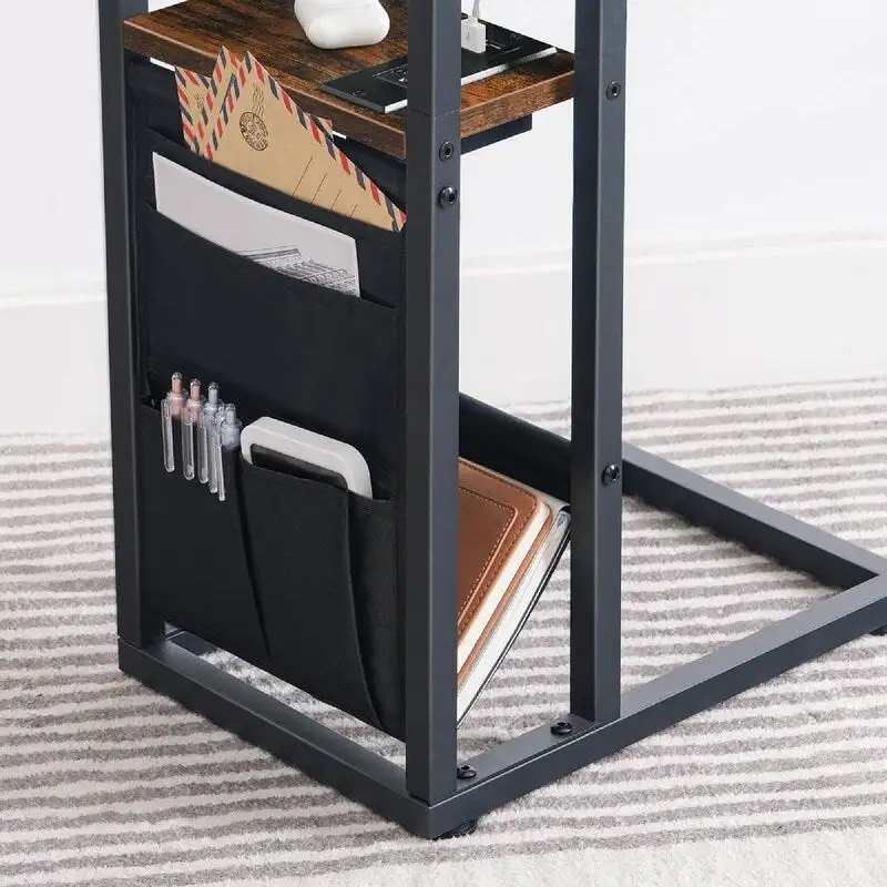 C-Shaped Side Table with Charging Station, Rustic Brown + Black, for 1 Person