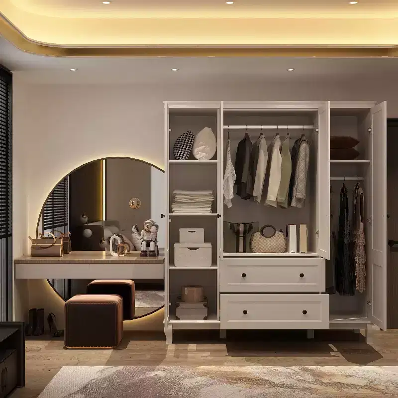 Famapy White Freestanding Wood Armoire With Drawers and Hanging Rods