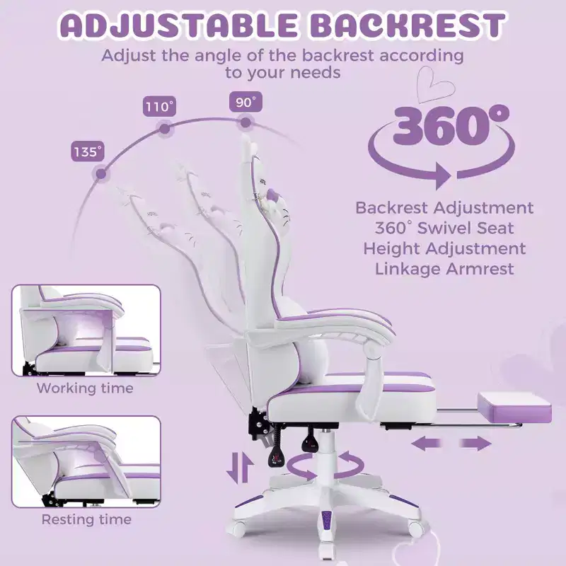 Hoffree Cute Pink Gaming Chair Girls Ergonomic Desk Chair with Footrest & Massage Lumbar