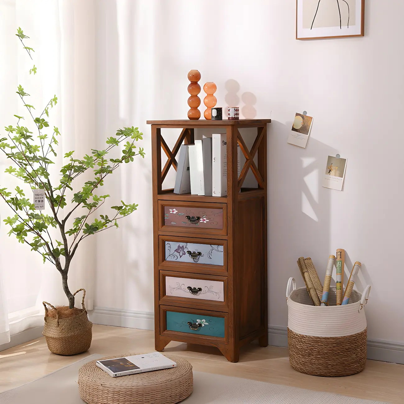 Industrial Rectangular Brown Wooden Drawer Cabinet