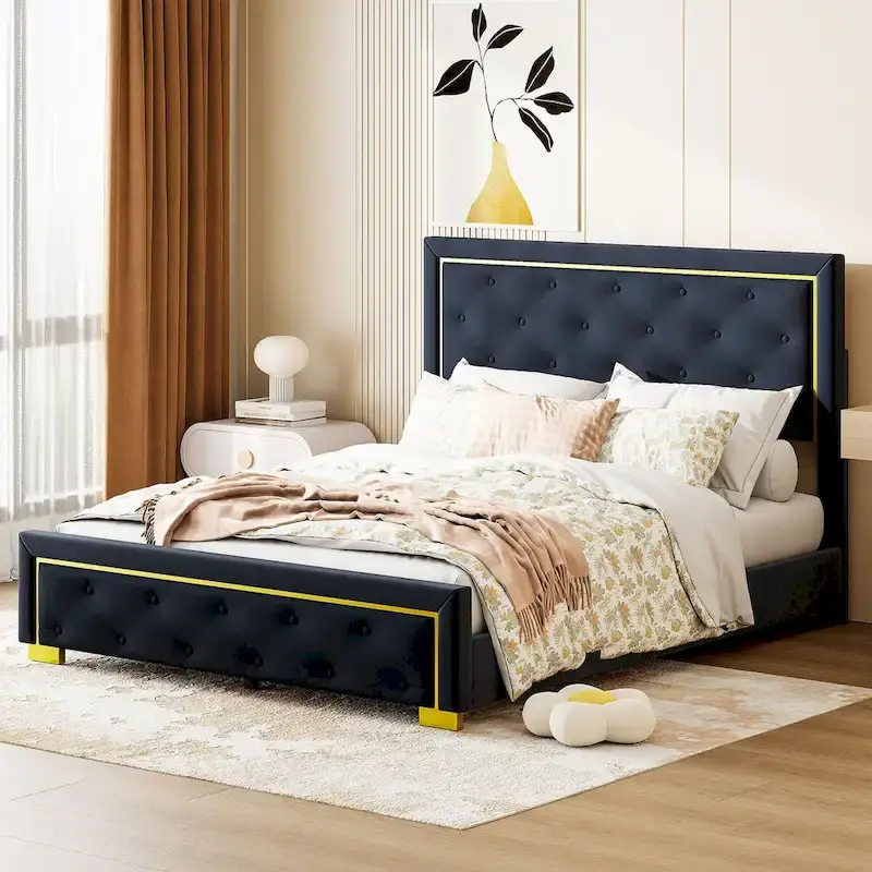 Queen Size Upholstered Platform Bed With Pull Point Headboard