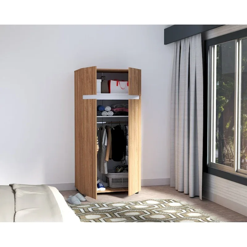 65-Inch Armoire Wardrobe with Hanging Rod and Shelves, Freestanding Bedroom Closet