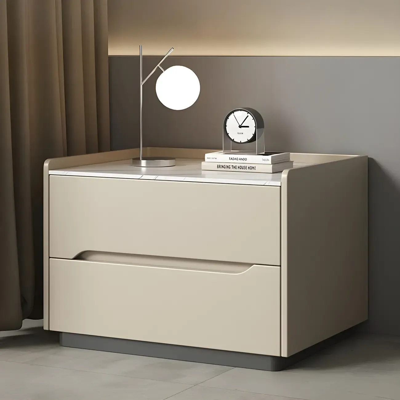 Modern Khaki Leather Stone Top 2-Drawer Nightstand