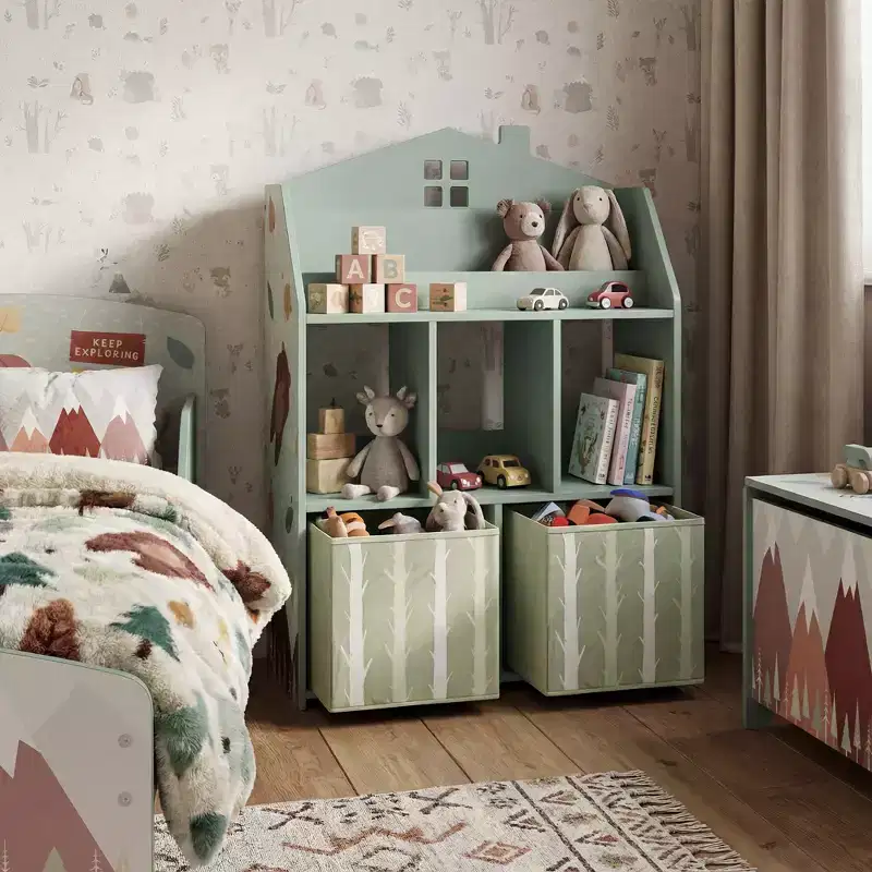 Green 3-in-1 Kids Toy Organizer with Bookshelf and Fabric Drawers, Ages 3+