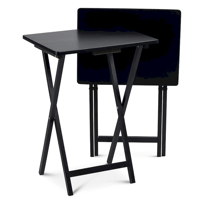 PJ Wood Folding TV Tray Tables with Compact Storage Rack, Black, 2 Piece Set - 18.44