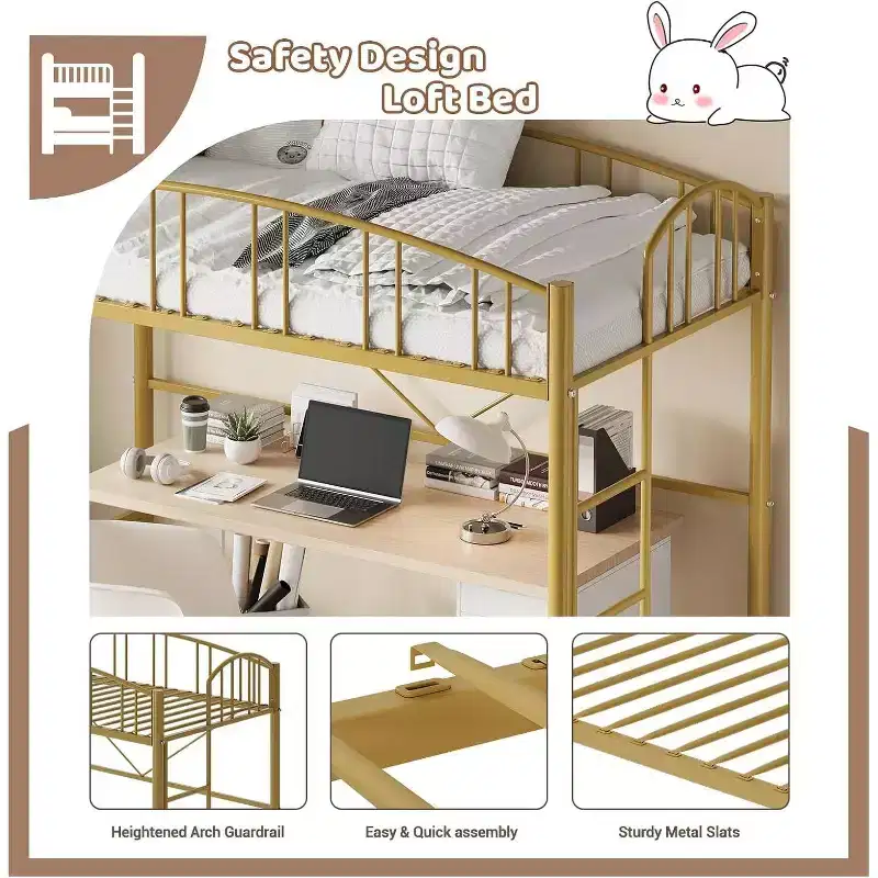 Acekool Twin Loft Bed with Stairs, Arched Guardrail, Metal Frame, Space-Saving, Noise-Free, Gold