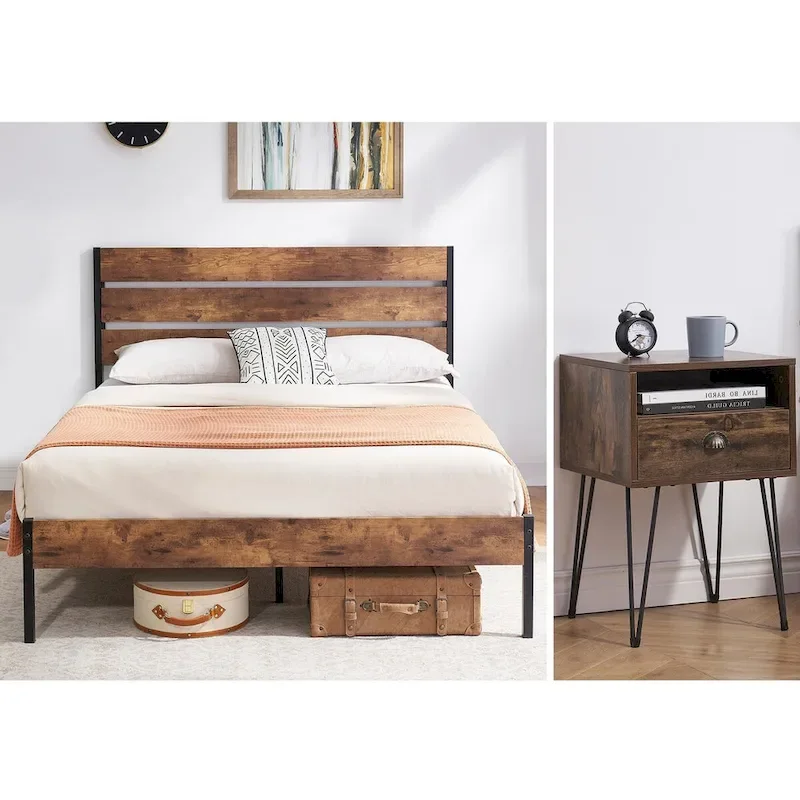Taomika 3-Pieces Industrial Bed and Modern Square Nightstands Set