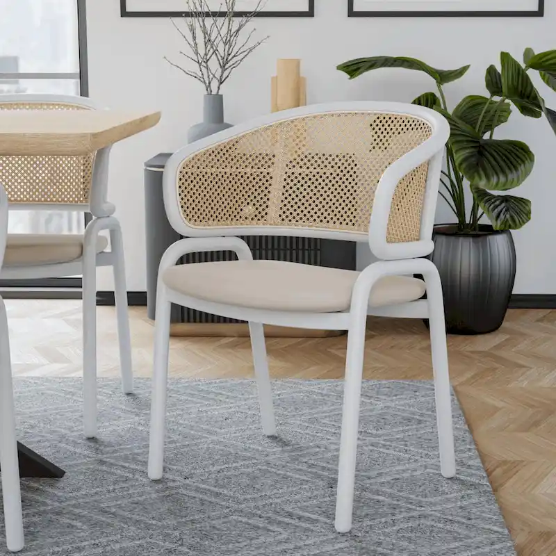 Ervilla Modern Stylish Side Chair with Rattan Back and White Steel Legs for Dining Room & Kitchen