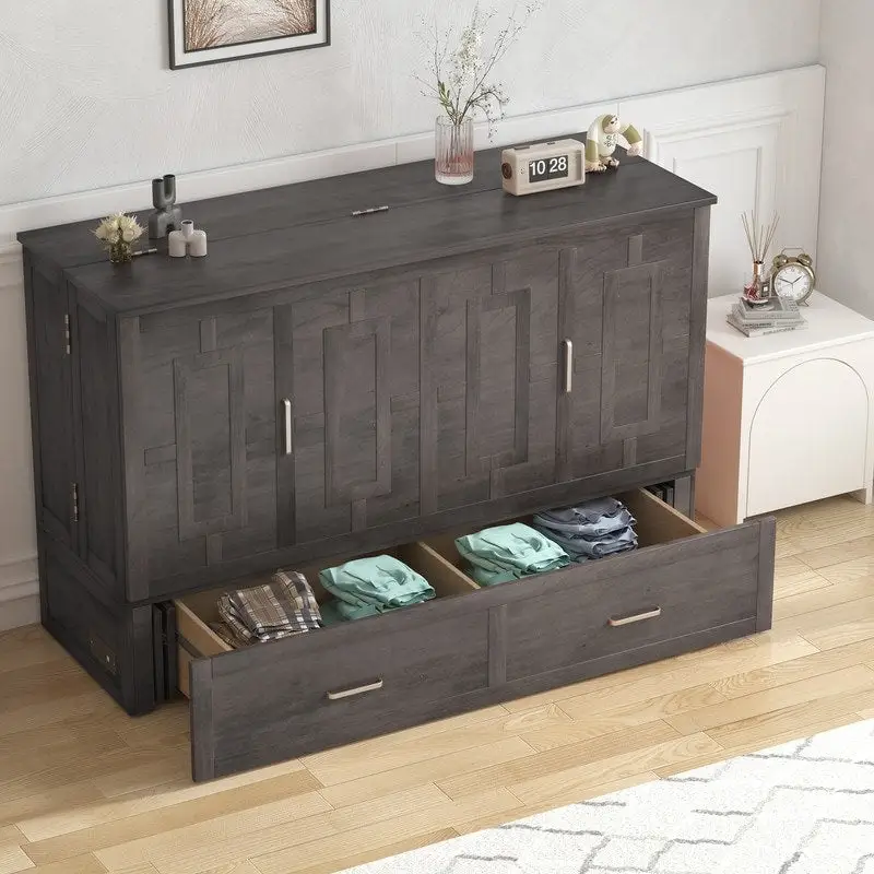 Mixoy Modern Murphy Bed Chest with Mattress,Storage Drawer,Charging Station