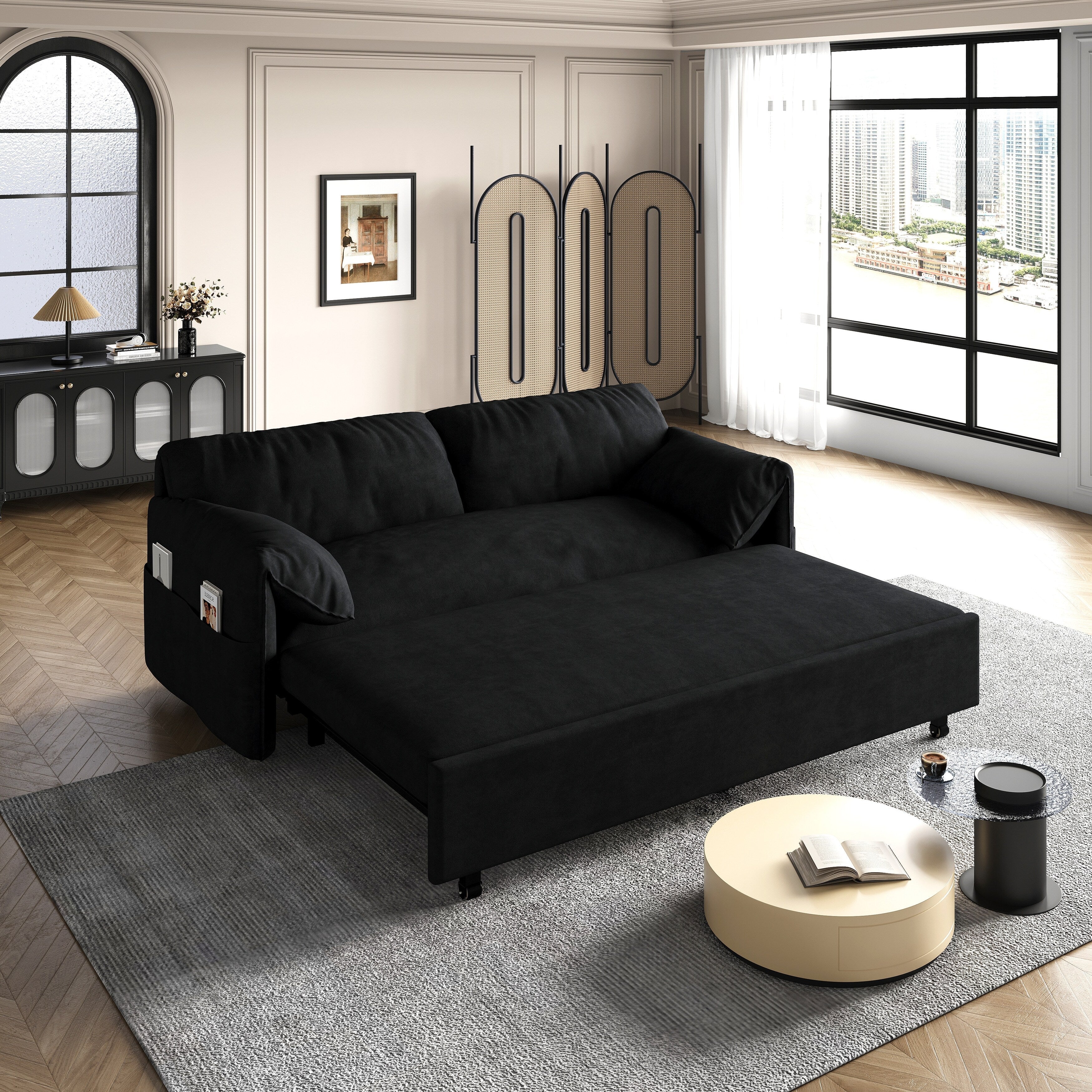 Black 63.8 3-in-1 Velvet Loveseat Pull Out Sofa Bed with Side Storage for Living Room