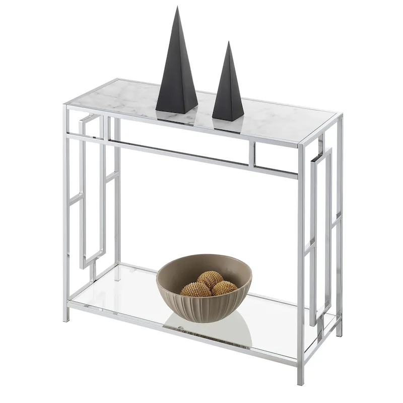 Convenience Concepts Town Square Chrome Faux Marble Glass Hall Table with Shelf