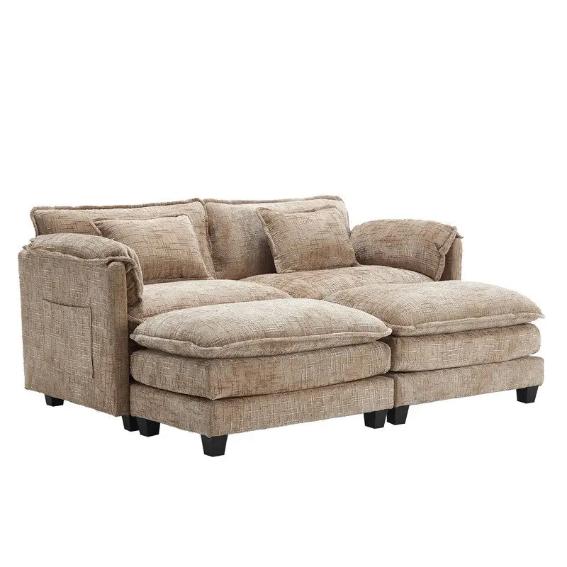 76.77 Chenille Upholstered Sofa with 2 Ottomans
