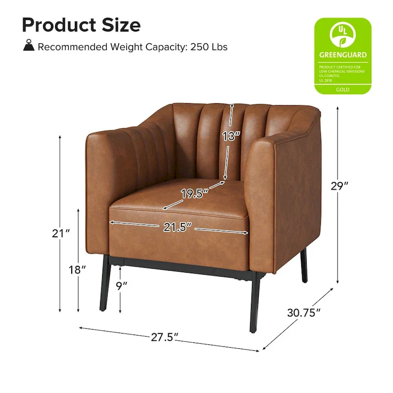 Channel Tufted PU Leather Accent Chair, Navy/Grey/Camel/Brown/Black, Metal Legs, Set of 2