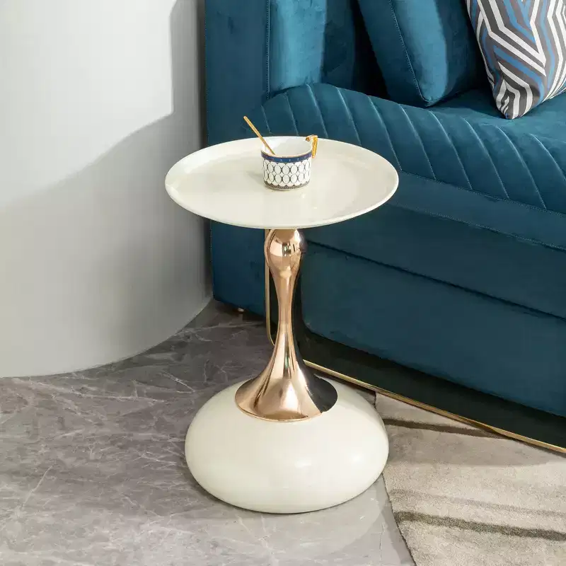 White Round Metal Side Table, Gold Finish, 1-Piece