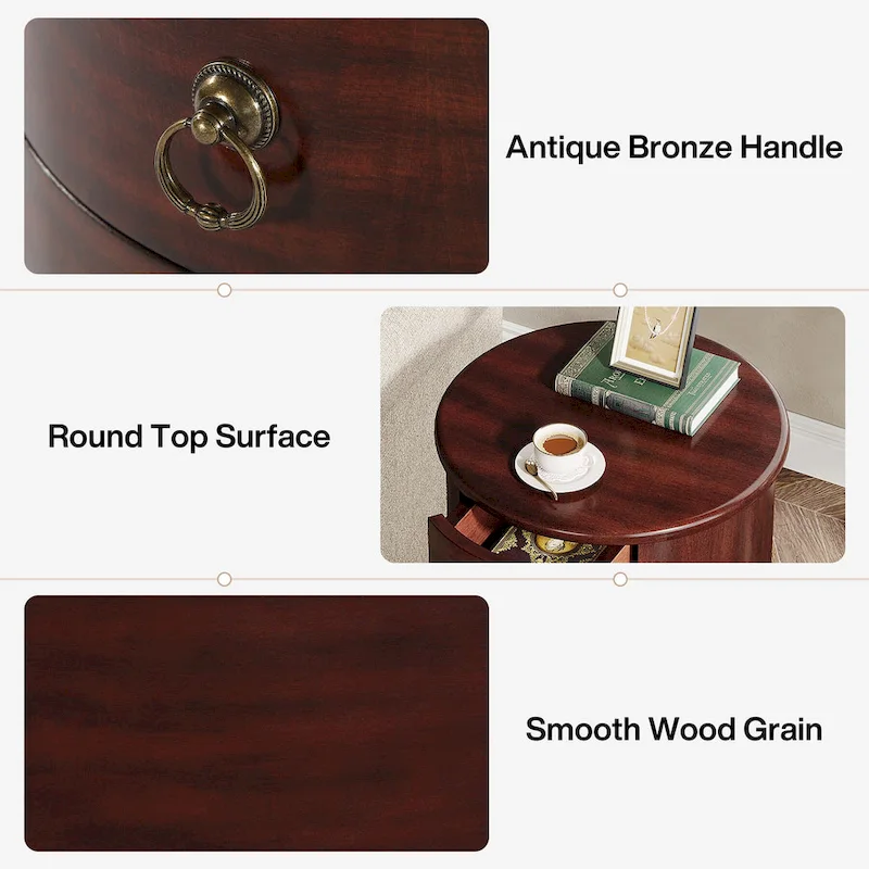 No Assembly Round Solid Wood End Table, Small Side Table with Drawers