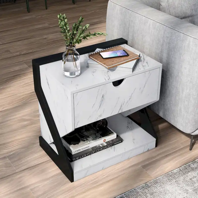 DH BASIC Modern White Faux Marble 1-Drawer Nightstand Side Table by Denhour