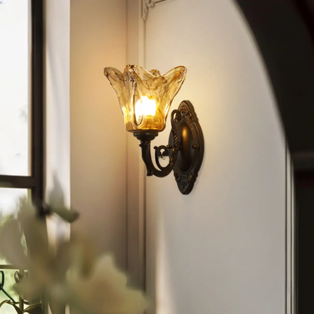 Vintage Hardwired Glass Up Wall Sconce in Amber & Metal