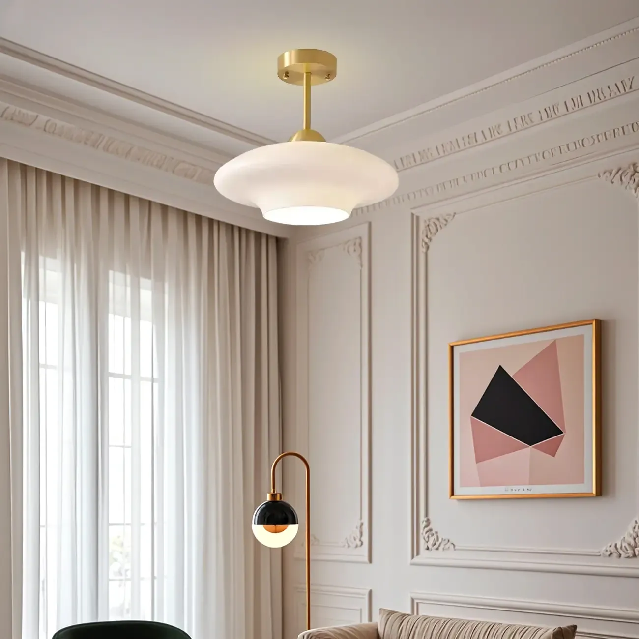 White Round Glass Shade Gold Semi Flush Ceiling Light