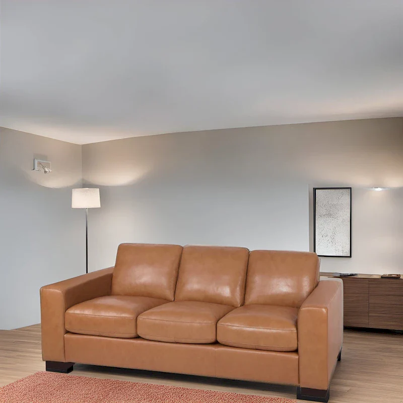 Genuine Leather Square Arm Sofa, Tan, Goose Feather Cushions, Block Legs, Seats 3