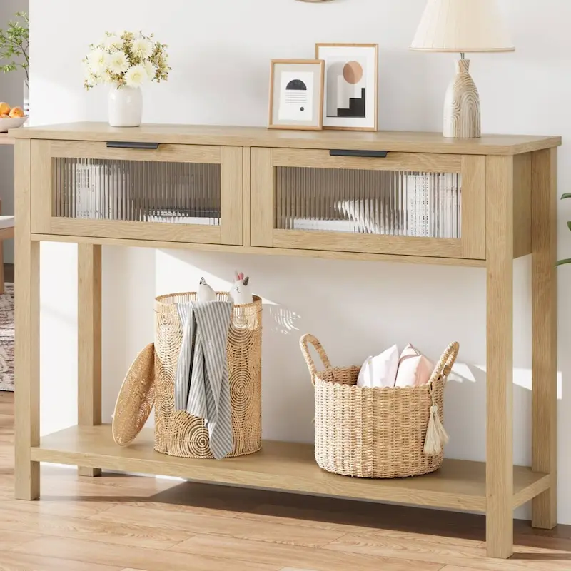 Wood Entryway Table, Console Table with 2 Glass Drawers
