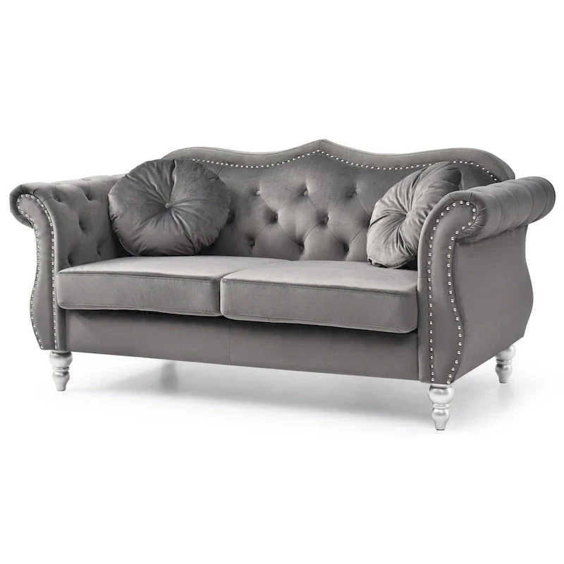 Hollywood 68 in. Velvet Chesterfield Loveseat with 2-Throw Pillow - 68L x 35W x 34H