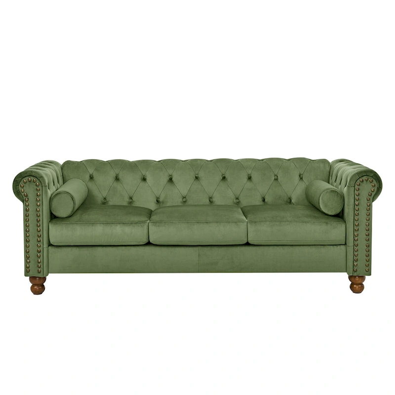 Green 74.5 Velvet Chesterfield Sofa with Button Tufting, Scrolled Arms, Turned Legs, and Elegant Design
